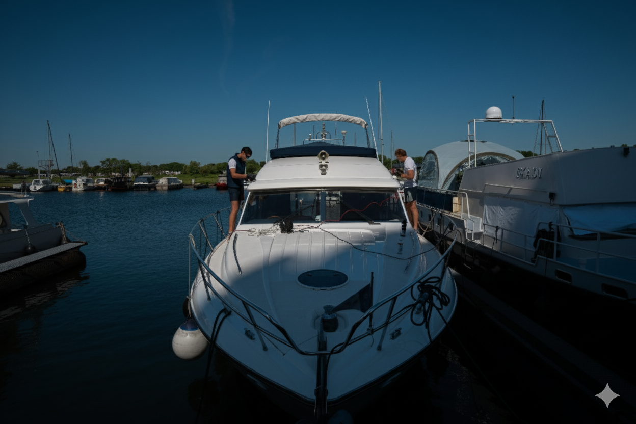 Team yachtmates die een boot aan het polijsten zijn. 
