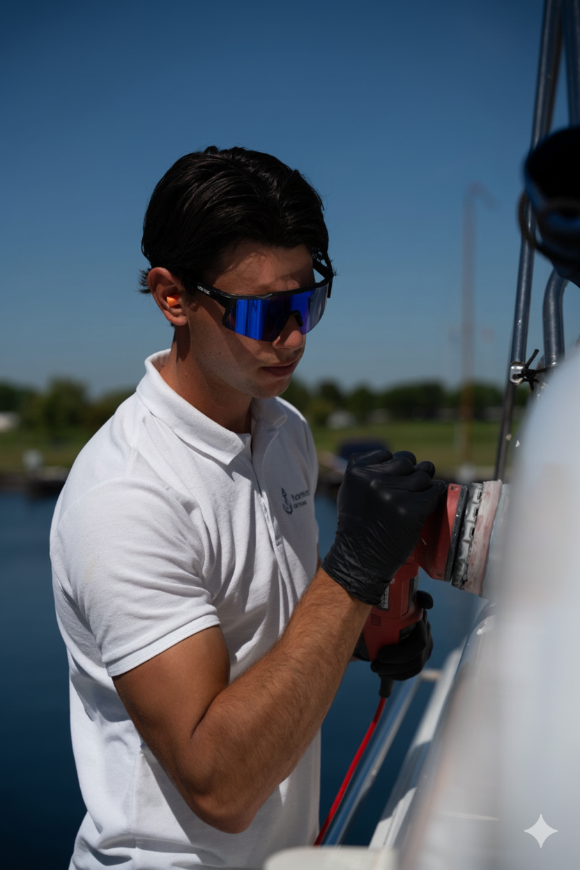 YachtMates specialist polijst bootromp met machine