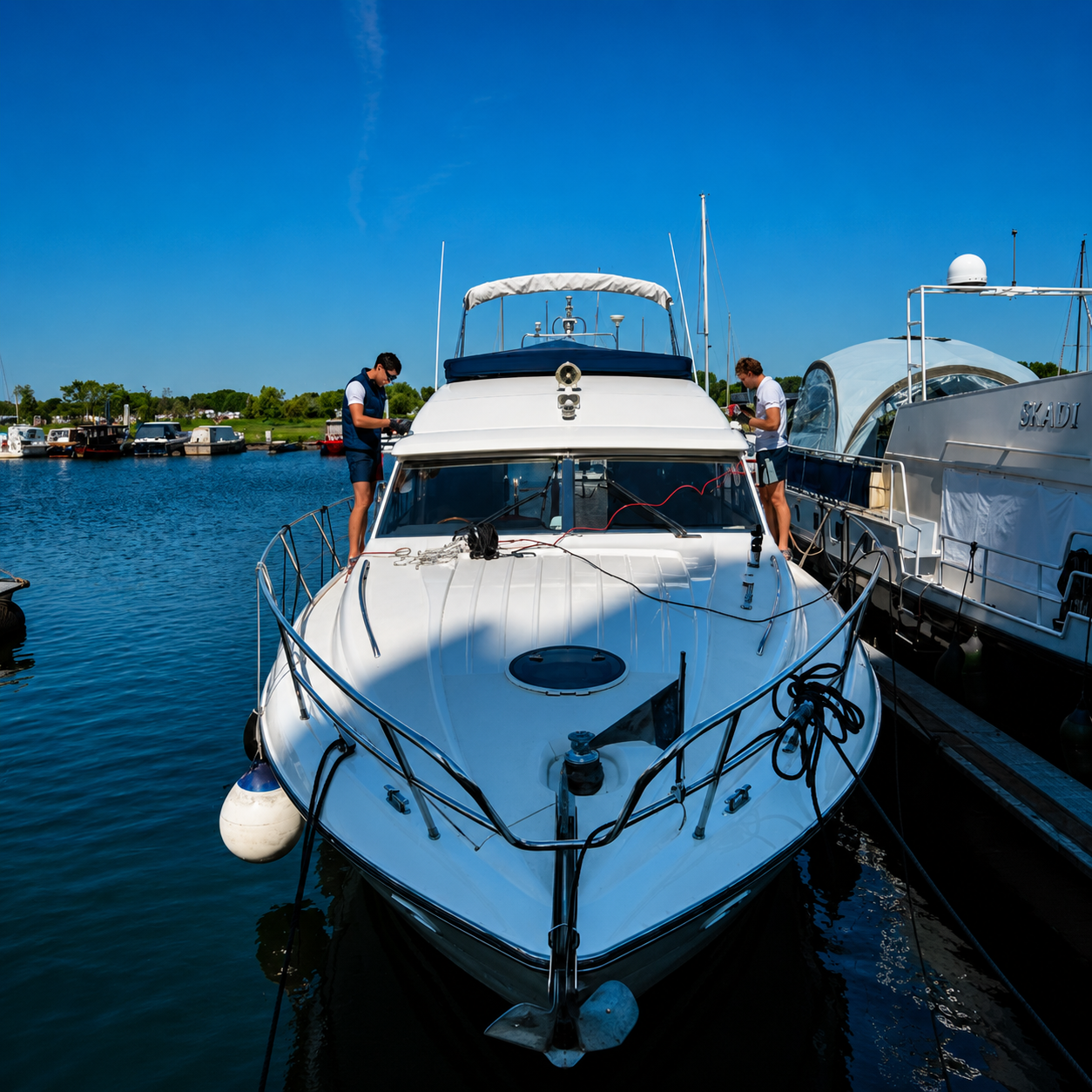 Twee YachtMates medewerkers voeren professioneel jachtonderhoud uit aan boord in de haven.