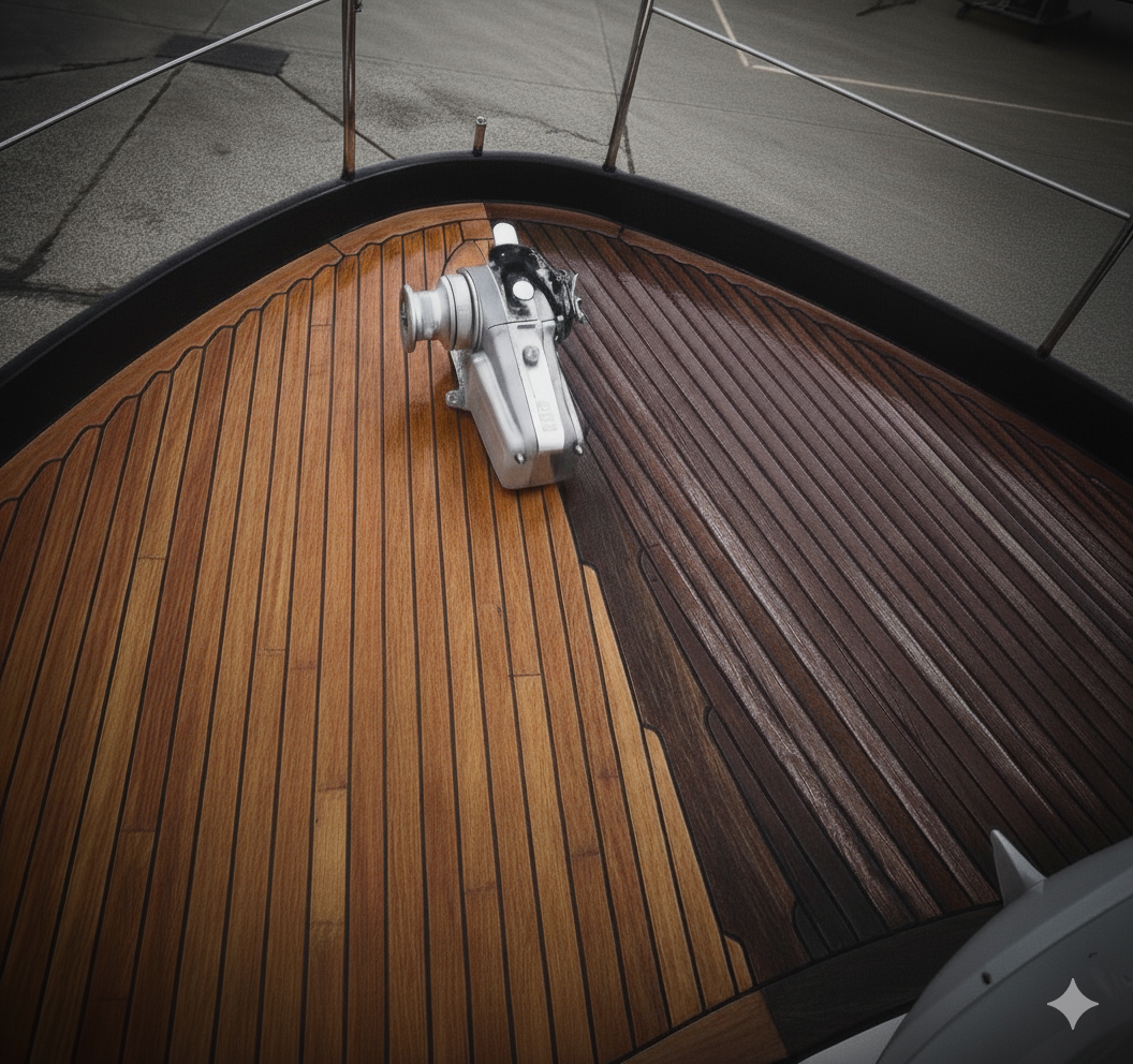 Teakdek van een boot tijdens professioneel reinigen en behandelen door YachtMates