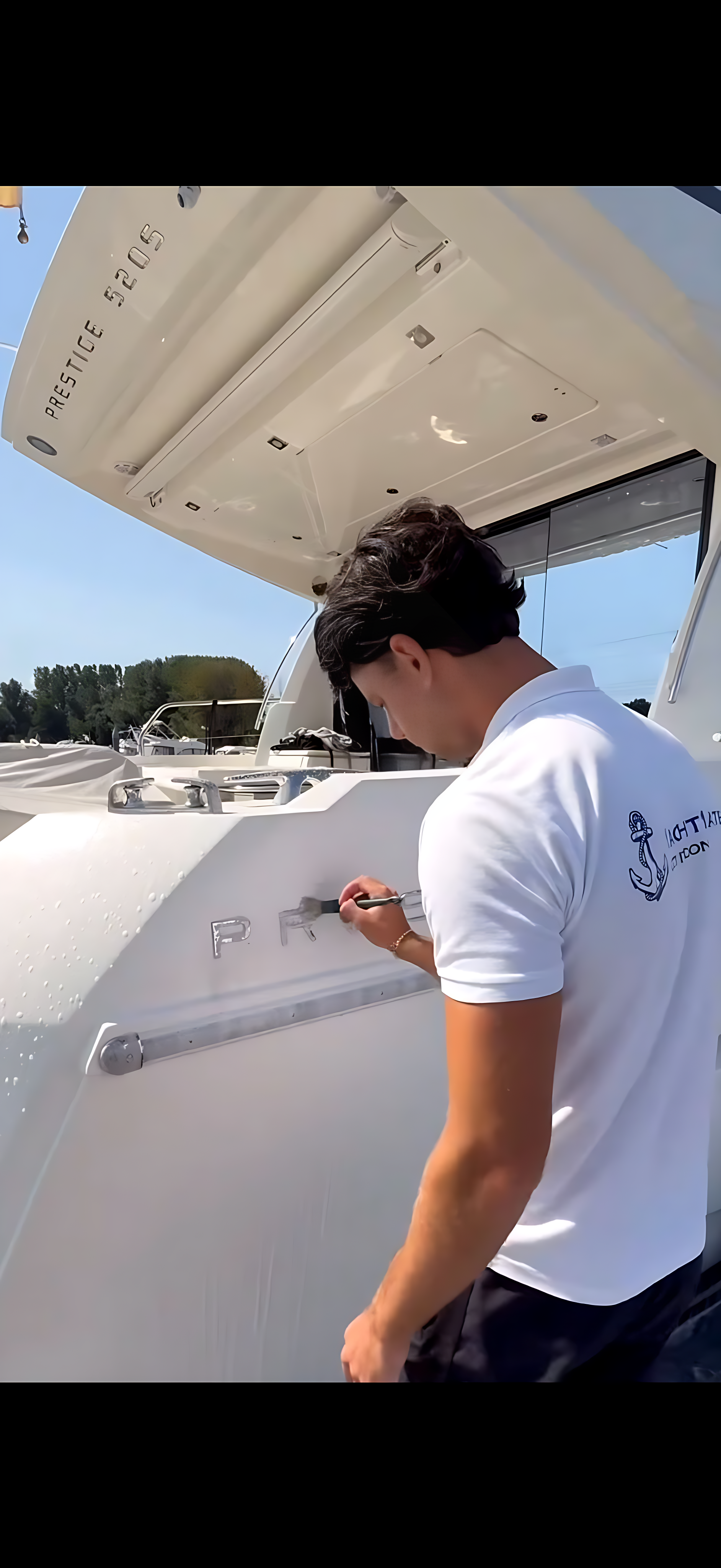 YachtMates mede-eigenaar reinigt bootromp afwerking in Limburg